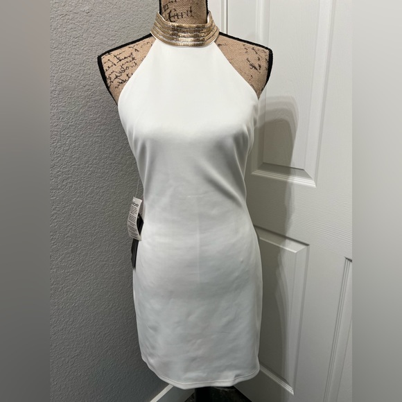 Bebe Mini White Halter Dress with Gold Jeweled Collar Lowback - Picture 2 of 14